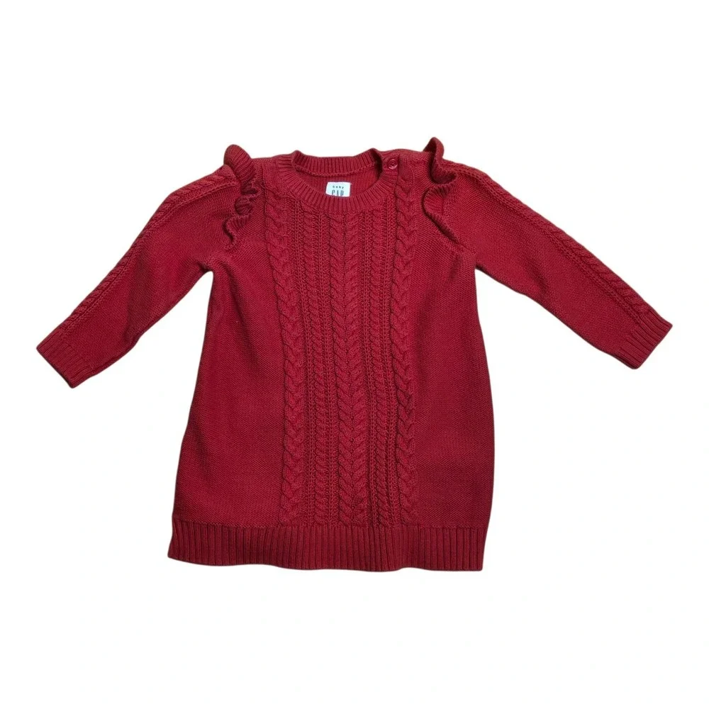 Baby Gap Cable Knit Sweater‎ Dress Ruffle Shoulders Red Cotton Blend 6-12 Months